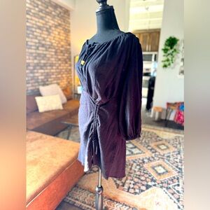 FREE PEOPLE Black Mini Relaxed neck w/beaded tie. Elastic waist, Ruched sidetie